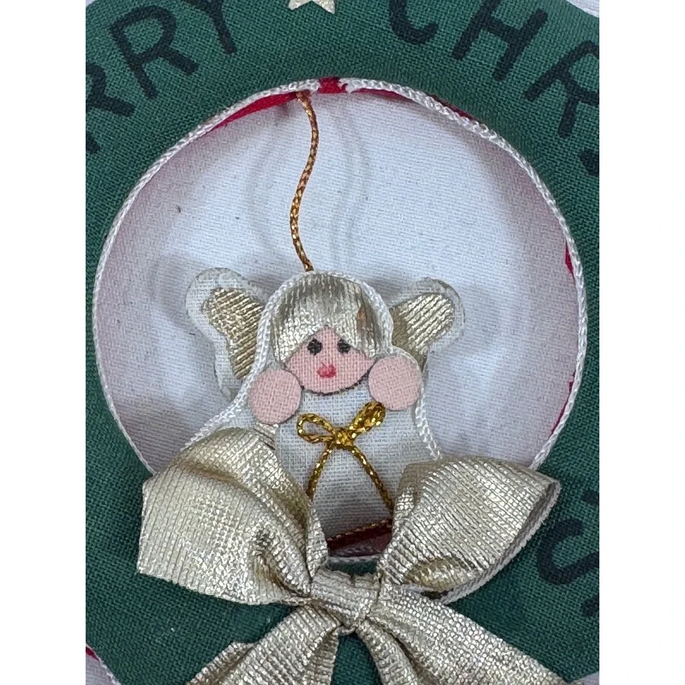 Handmade Vintage Christmas Wreath Ornament Green Red Fabric Angel Gold Bow 3.5